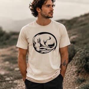 A printed t-shirt modelled outdoors, the kind of product sold on Etsy