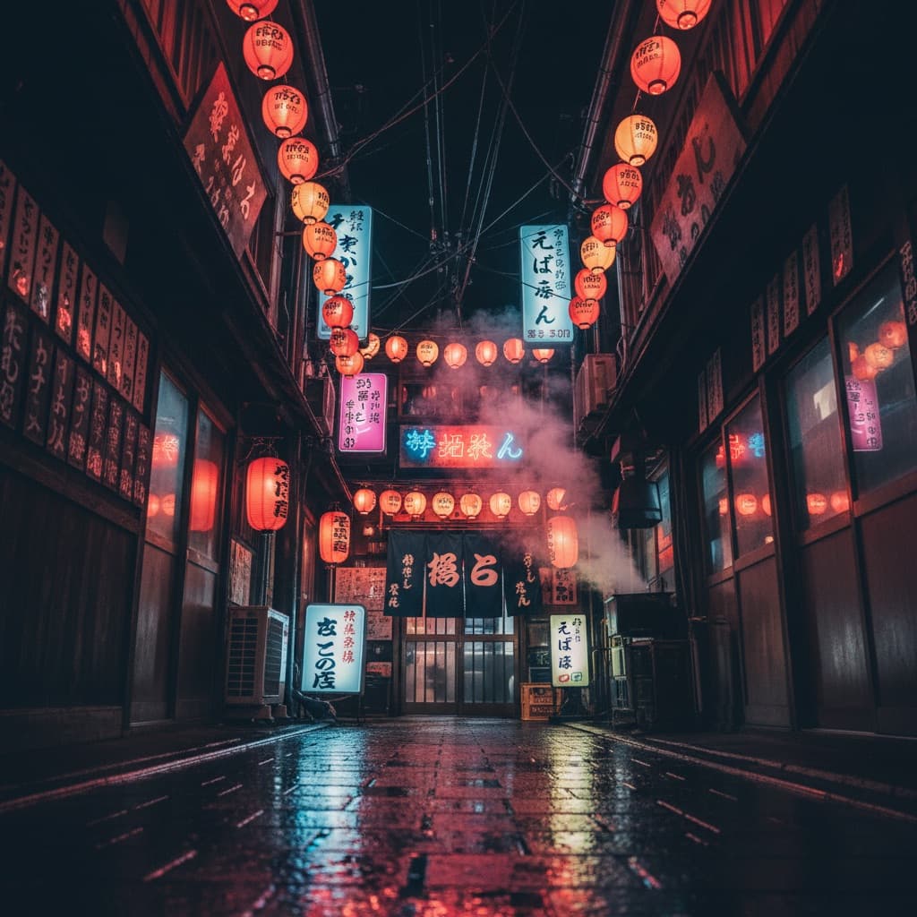 A neon-lit Tokyo alley at night, one of the environment sheets